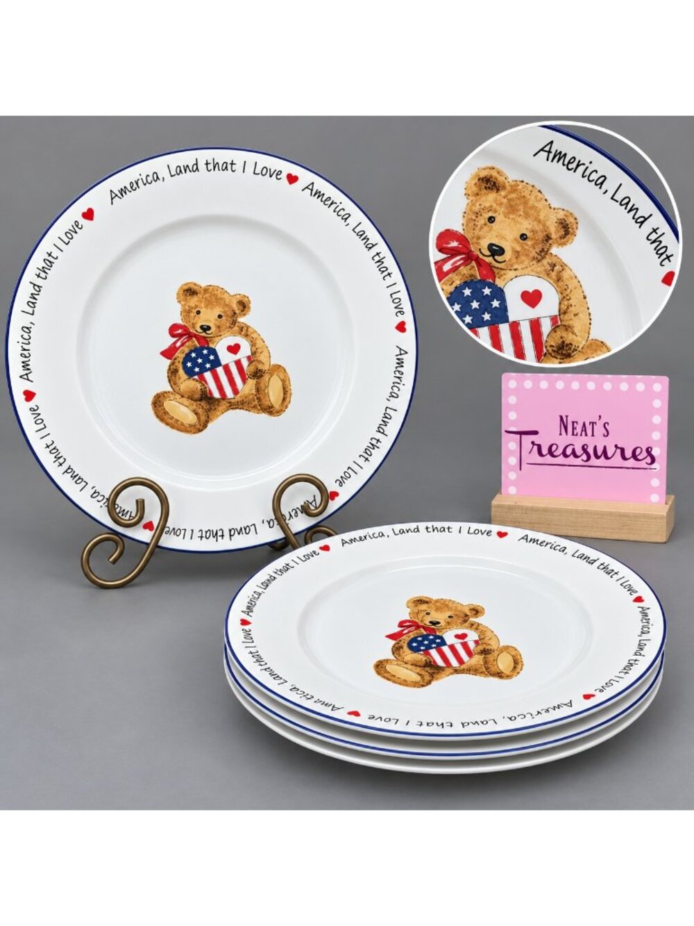 Retroneu LAND THAT I LOVE Bear Heart Center Stoneware Salad Lunch Plates Set 4